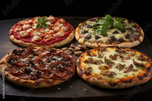 A variety of vegan pizzas with crispy crusts, flavorful tomato sauce, and a generous amount of plant-based cheese and toppings, showcasing the diversity and taste of vegan pizza options | ACTORS: Vega