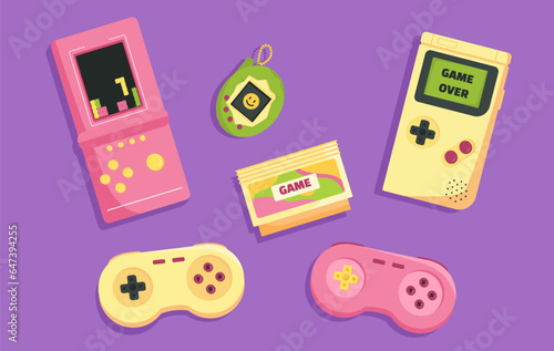 Video game devices set. Wireless controllers, joystick and gamepad. Back to 80s and 90s. Template, layout and mock up. Cartoon flat vector collection isolated on violet background