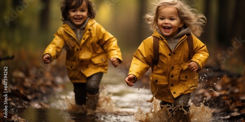 happy little children running through puddles on sunny autumn day. Generative AI