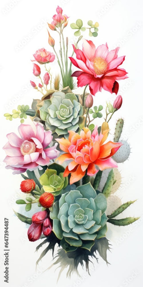 Vertical drawing of flowering cacti and succulents on white background. Watercolor. Generative AI