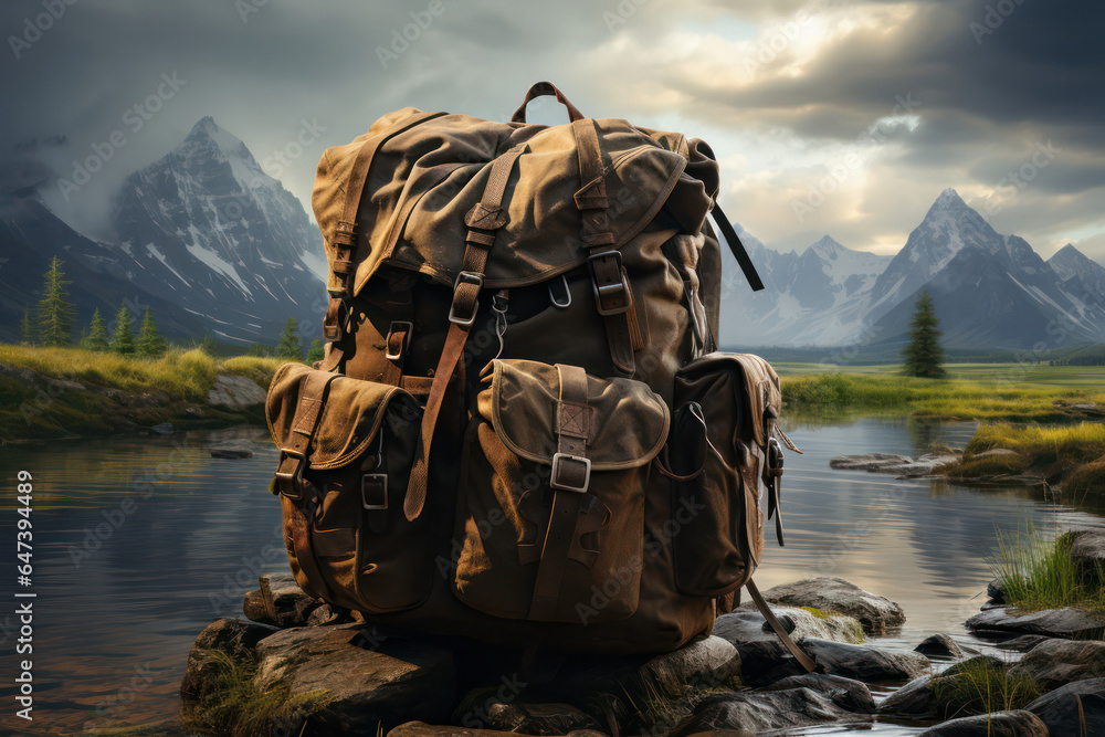 A backpack resting on a moss-covered rock near a serene mountain lake ...
