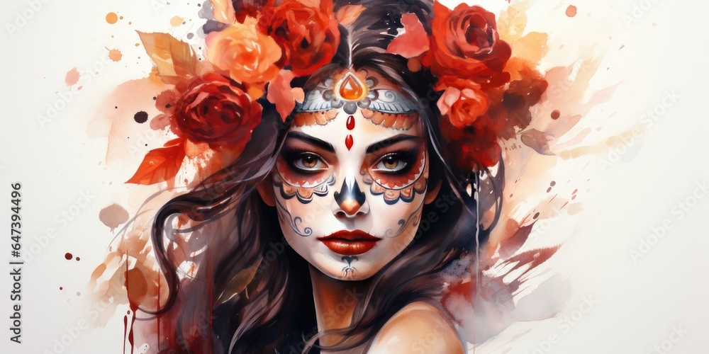 Dia DE Los Muertos face painting, Mexican Holiday, Day of the dead, watercolor. Generative AI