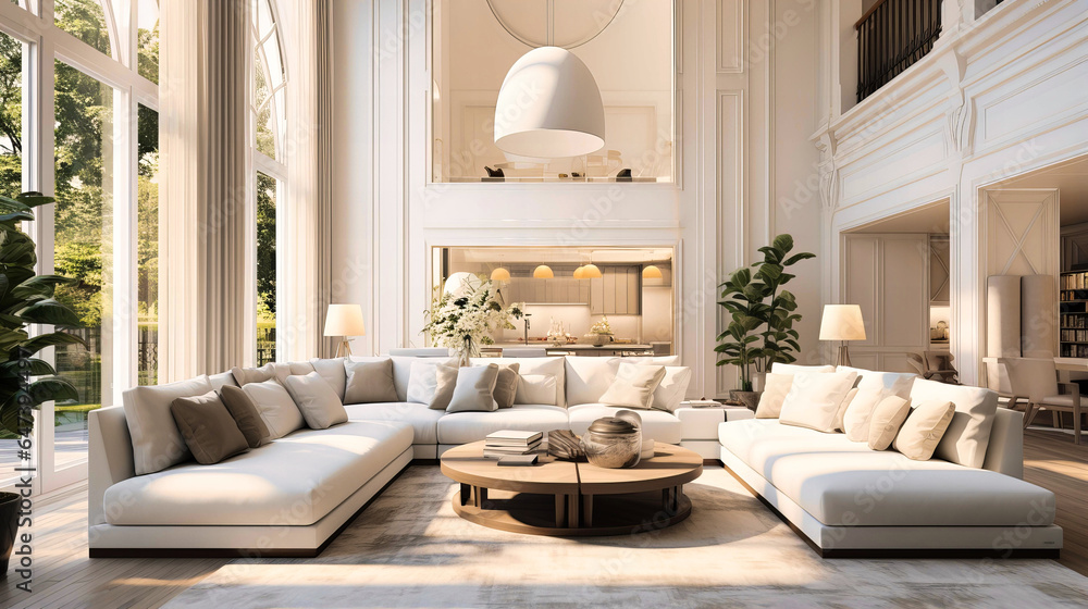 Pristine living rooms with white sectional sofas