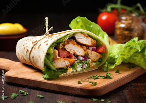 healthy wrap with chicken and vegetables on wooden