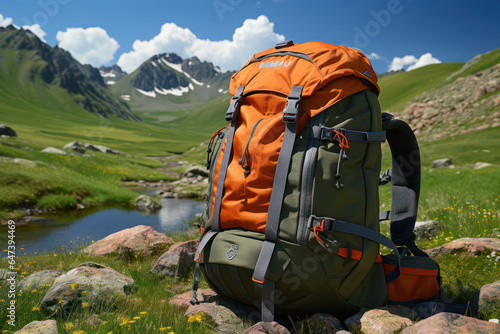 A backpack resting on a moss-covered rock near a serene mountain lake, surrounded by towering pine trees and a backdrop of snow-capped peaks, inviting hikers to take a break and soak in the breathtaki