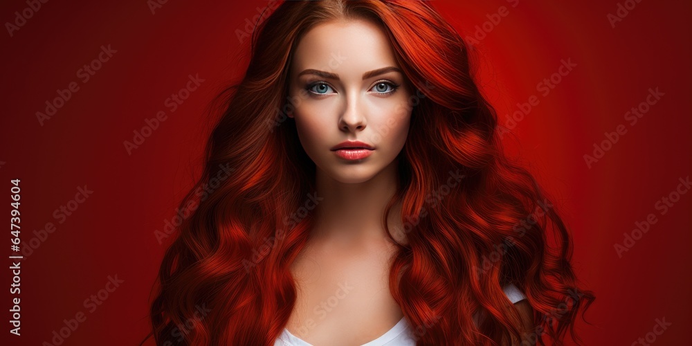 Obraz premium Woman with red hair on a red background, advertising shampoo. Generative AI