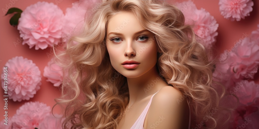 Blonde girl with luxurious hair on a pink floral background. Generative AI Blonde girl with luxurious hair on a pink floral background. Generative AI