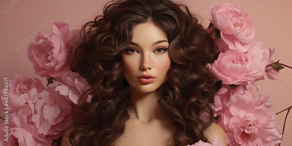 Beautiful brunette girl with luxurious hair on pink background. Generative AI