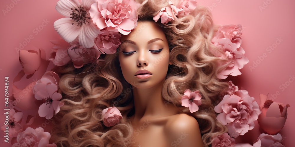 Blonde girl with luxurious hair on a pink floral background. Generative AI Blonde girl with luxurious hair on a pink floral background. Generative AI