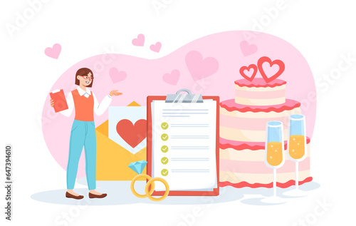Woman with wedding plans concept. Young girl near check list watch at cake and gifts. Marriage ceremony organization. Romantic holiday and festival. Cartoon flat vector illustration