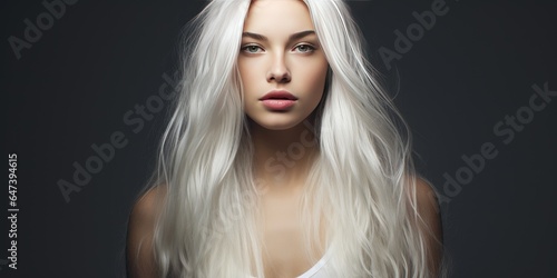 young woman with beautiful white hair on a black background. Generative AI