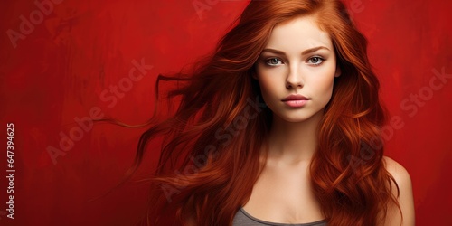 Woman with red hair on a red background, advertising shampoo. Generative AI