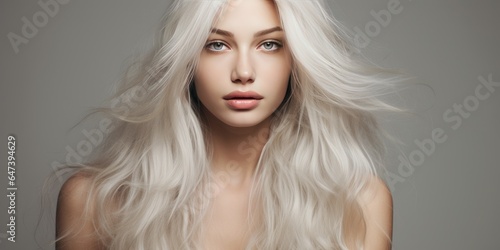 young beautiful Bondinka woman on light background., hair advertising themes. Generative AI