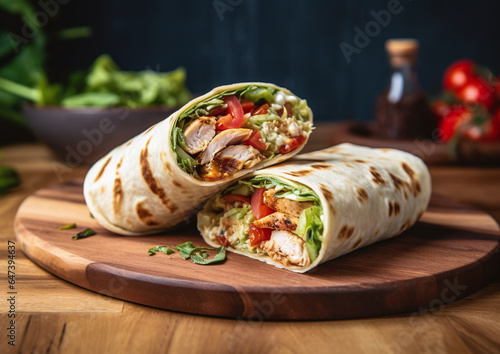 healthy wrap with chicken and vegetables on wooden photo