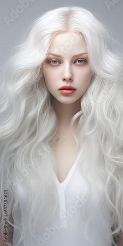 young woman with beautiful white hair on a light background. Generative AI