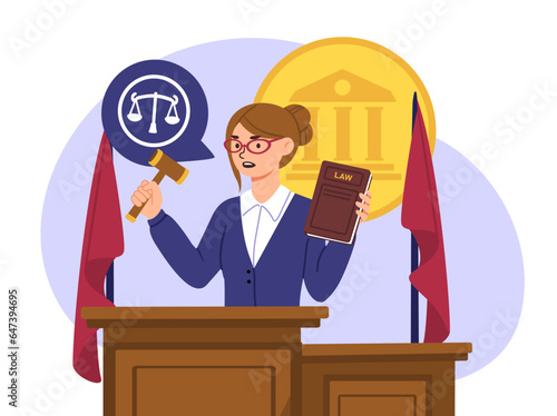 Woman with law concept. Judge with gavel and constitution or lawyer in court building. Democracy and rights. Jurisprudence and legal support of transactions. Cartoon flat vector illustration