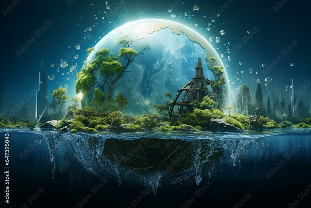 Fantasy earth immersed in water emphasizes the significance of water in sustaining the environment. Generative AI