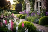 Beautiful garden with elegant flower beds, gravel path, and Cotswold cottage garden style landscape design. Generative AI