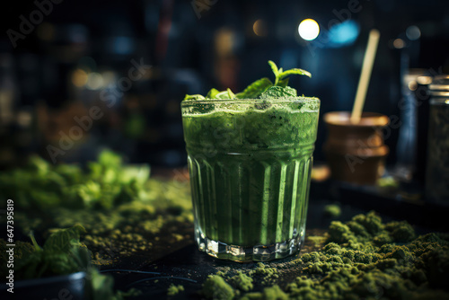 A shot of a freshly blended green smoothie being poured into a glass, symbolizing a burst of energy and vitality to kickstart a productive day | ACTORS: Green Smoothie | LOCATION TYPE: Kitchen | CAMER