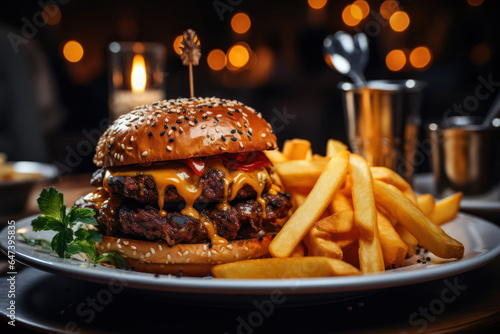 A mouthwatering spread of gourmet vegan burgers, loaded with flavorful toppings, served with crispy fries and a side of homemade vegan sauces, enticing burger lovers with their impressive presentation