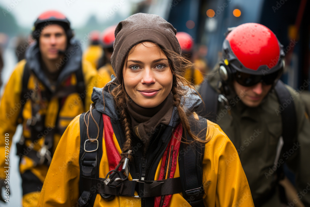 Compelling scene of a resilient young woman working amidst men on an oil platform, defying extreme weather conditions.