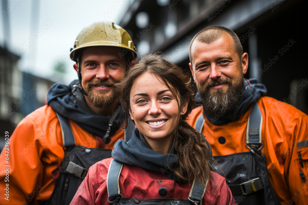 Compelling image of an accomplished woman and two extreme workers braving dangerous global projects, oil rig platforms or mining operations. Compelling image of an accomplished woman and two extreme workers braving dangerous global projects, oil rig platforms or mining operations.