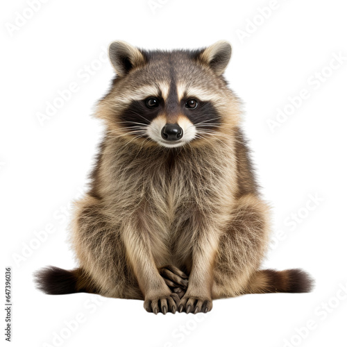 A curious raccoon sitting and making eye contact with the camera