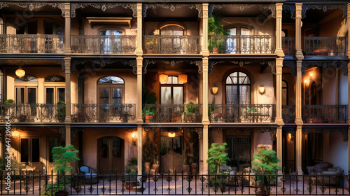 Photo Multi-tiered interior balconies with wrought iron railings