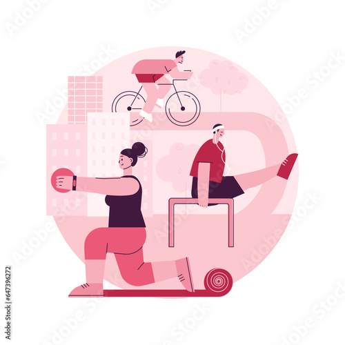 Outdoor workout abstract concept vector illustration. Cardio workout, street gym equipment, outdoor bodyweight training, calisthenics park, exercise program, cycling facility abstract metaphor.