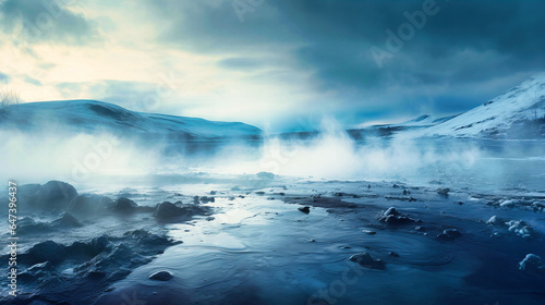 Mist rising from a geothermal hot spring in a snow field photo