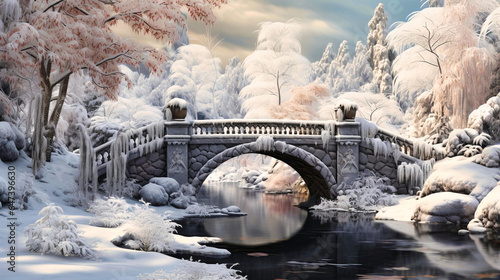 Snow-covered stone bridge in a park, photo