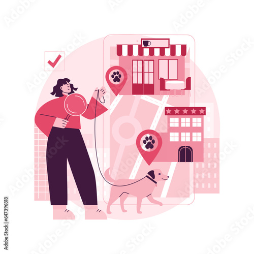 Pet friendly place abstract concept vector illustration. Animals welcome sign, dog friendly restaurant, place to stay with pets, free walking area, shopping, bed and breakfast abstract metaphor.
