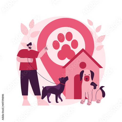 Dogs friendly place abstract concept vector illustration. Dog friendly restaurant, special area for dogs free walking, welcome sign, hotel accepting animals, shopping with pet abstract metaphor.