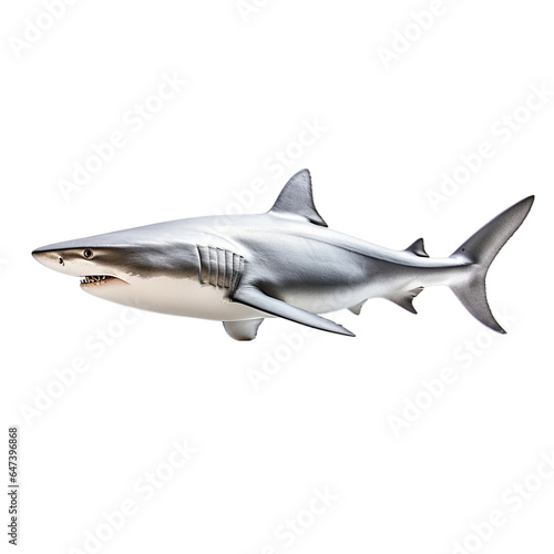 A silver toy shark on a white background