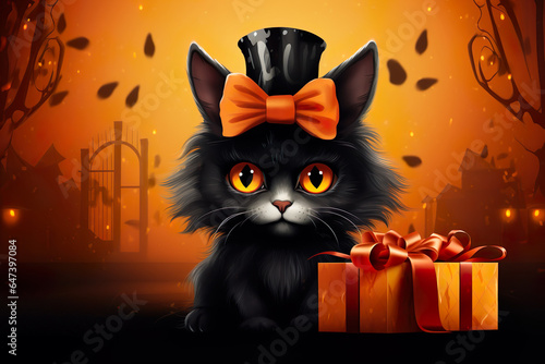Halloween Adorable black kitten with Gift box
