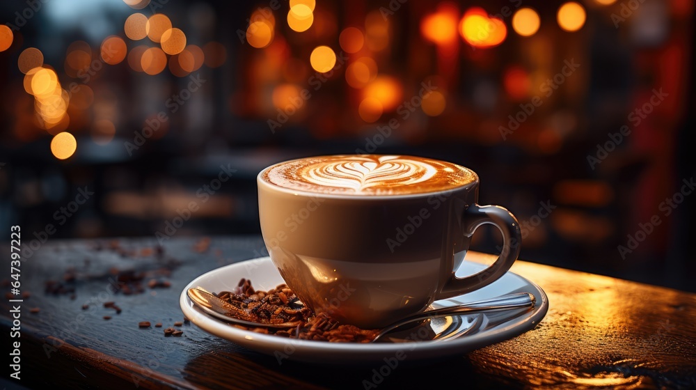 Obraz na płótnie cup of coffee at a cafe blurred background with bokeh w salonie