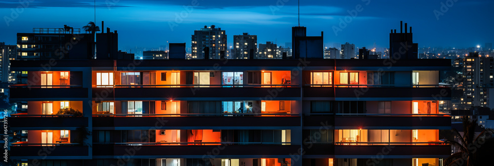 Captivating evening view of lively African city. Illuminated, bustling residential building. Open windows radiate warmth and life in a poetic nocturnal setting. Captivating evening view of lively African city. Illuminated, bustling residential building. Open windows radiate warmth and life in a poetic nocturnal setting.