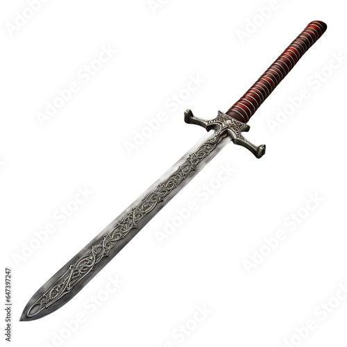 A stunning red and black sword on a minimalist white background