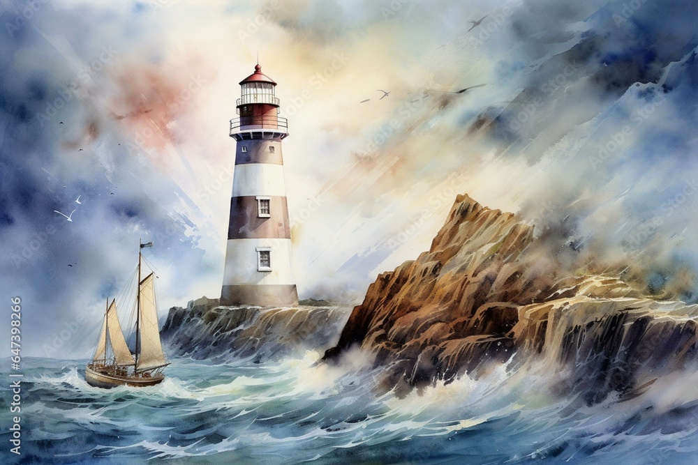 A watercolor artwork featuring sailing boats, a lighthouse, stormy skies, rays of light after a storm. Generative AI
