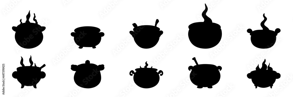 Set of cauldrons silhouette. Silhouette of cauldron icons collection isolated on white background. Vector illustration. Set of cauldrons silhouette. Silhouette of cauldron icons collection isolated on white background. Vector illustration.