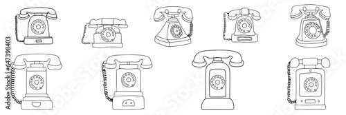 Collection of retro phone in doodle style. Hand drawn old phone isolated on white background. Outline retro phone. Large set of spruces. Old phones in doodle style. Vector illustraiton.