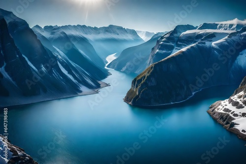 a photo-realistic aerial view of fjords, with towering cliffs rising from the deep blue waters and waterfalls cascading down into the fjords - AI Generative