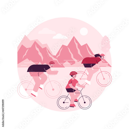 Cycling experiences abstract concept vector illustration. Cycling in nature experiences, family bike ride, best bicycle trails, rental service, city tour, indoors velodrome abstract metaphor.