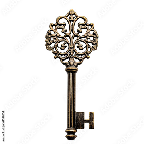 An intricate and decorative key isolated on a clean white background