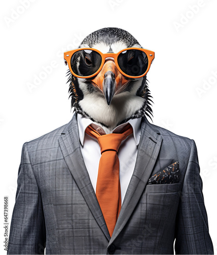 A bird dressed in a stylish suit and wearing a bright orange tie