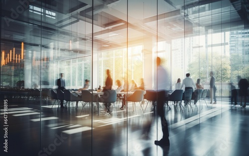 Blurred Business Professionals in Modern Office Conference Room. Contemporary Corporate Gathering in Blue and Orange Tones.