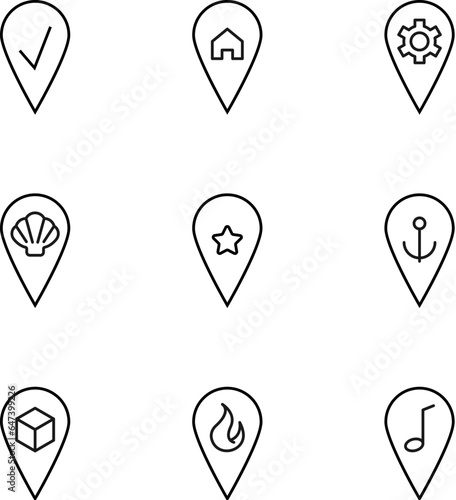 Set of signs for UI, adverts, books drawn in line style. Editable stroke. Icons of checkmark, house, gear, seashell, star, anchor, cube, fire, musical note in map pin