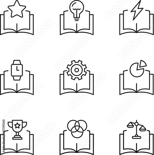 Set of signs for UI, adverts, books drawn in line style. Editable stroke. Icons of star, lamp, lightning, watch, gear, chart, win, intersected circles, scales over book