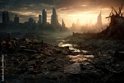 Destroyed cityscape in a world devastated by climate change. Generative AI
