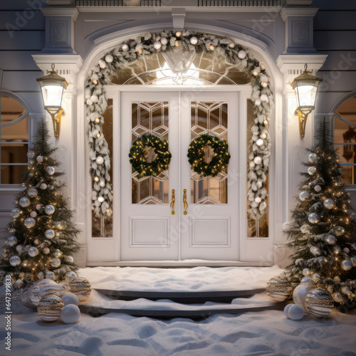 Main door to the luxury house with christmas decoration, beautiful festive entrance, modern and elegant door, Winter time, Mockup